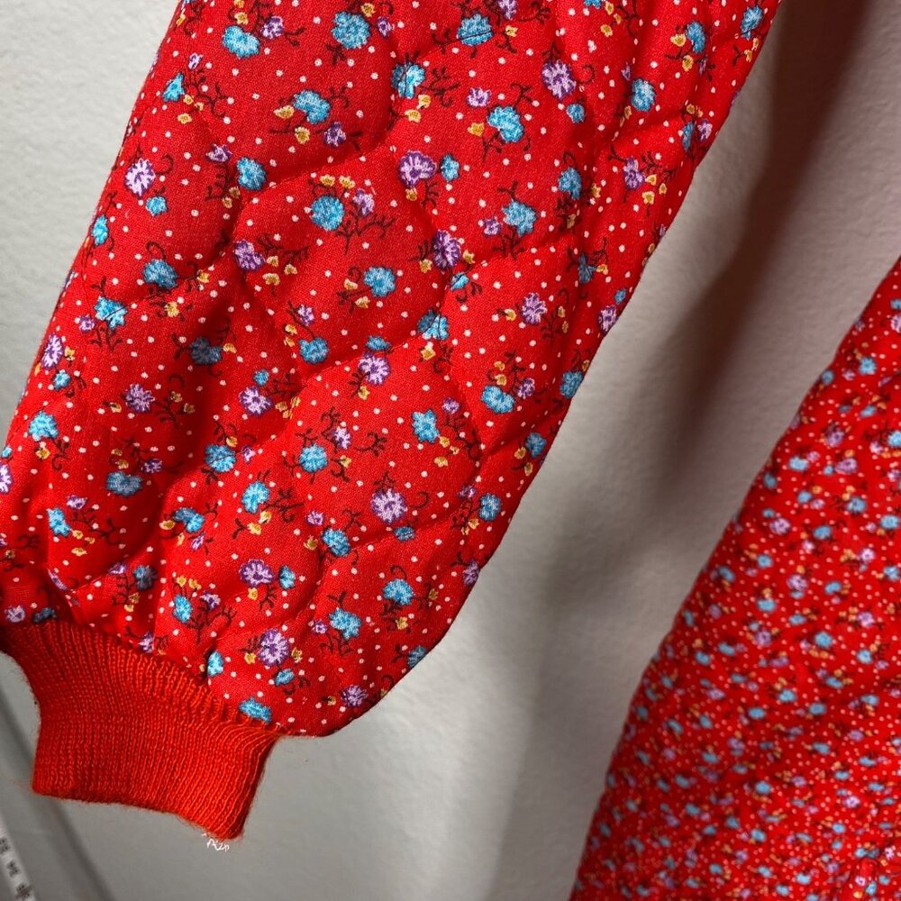 Vintage Wiman Red Floral Quilted Jumpsuit Sz Small Cottage Pajama Tie Waist 80s - Picture 7 of 15